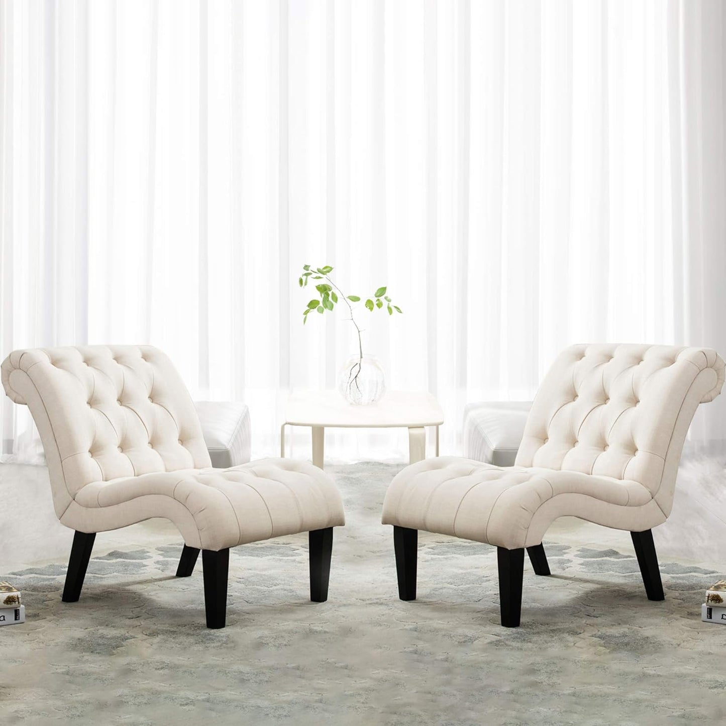 Accent Chairs for Living Room Set of 2 Upholstered Tufted Bedroom Chairs Curved Armless Side Chairs with Wood Legs Linen Fabric