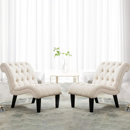 Accent Chairs for Living Room Set of 2 Upholstered Tufted Bedroom Chairs Curved Armless Side Chairs with Wood Legs Linen Fabric