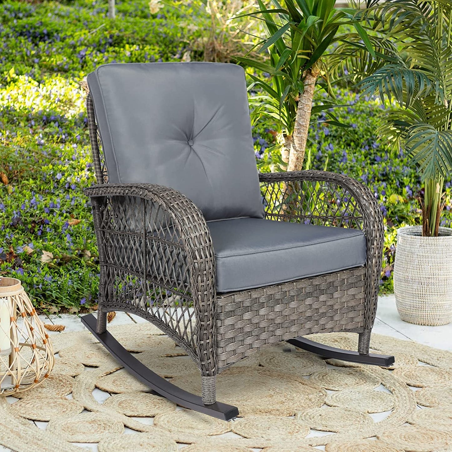 Outdoor Wicker Rocking Chair with Thickened Cushions, All-Weather Rattan Patio Rocking Chairs, Rocker Wicker Chair for Porch Garden & Backyard, Beige