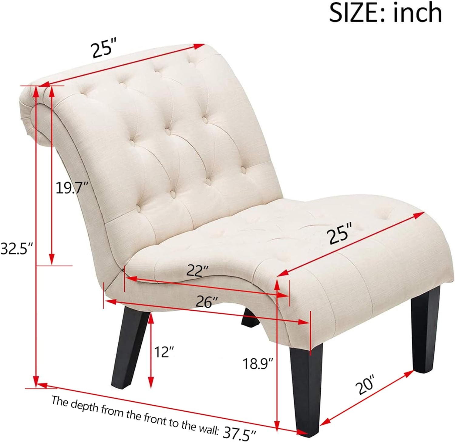 Accent Chairs for Living Room Set of 2 Upholstered Tufted Bedroom Chairs Curved Armless Side Chairs with Wood Legs Linen Fabric