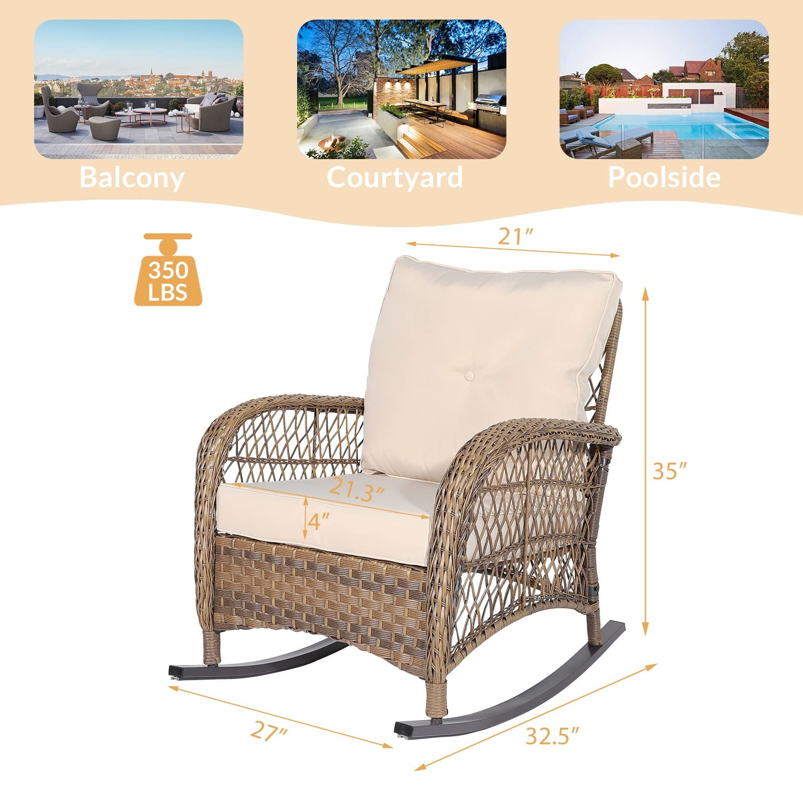 Outdoor Wicker Rocking Chair with Thickened Cushions, All-Weather Rattan Patio Rocking Chairs, Rocker Wicker Chair for Porch Garden & Backyard, Beige